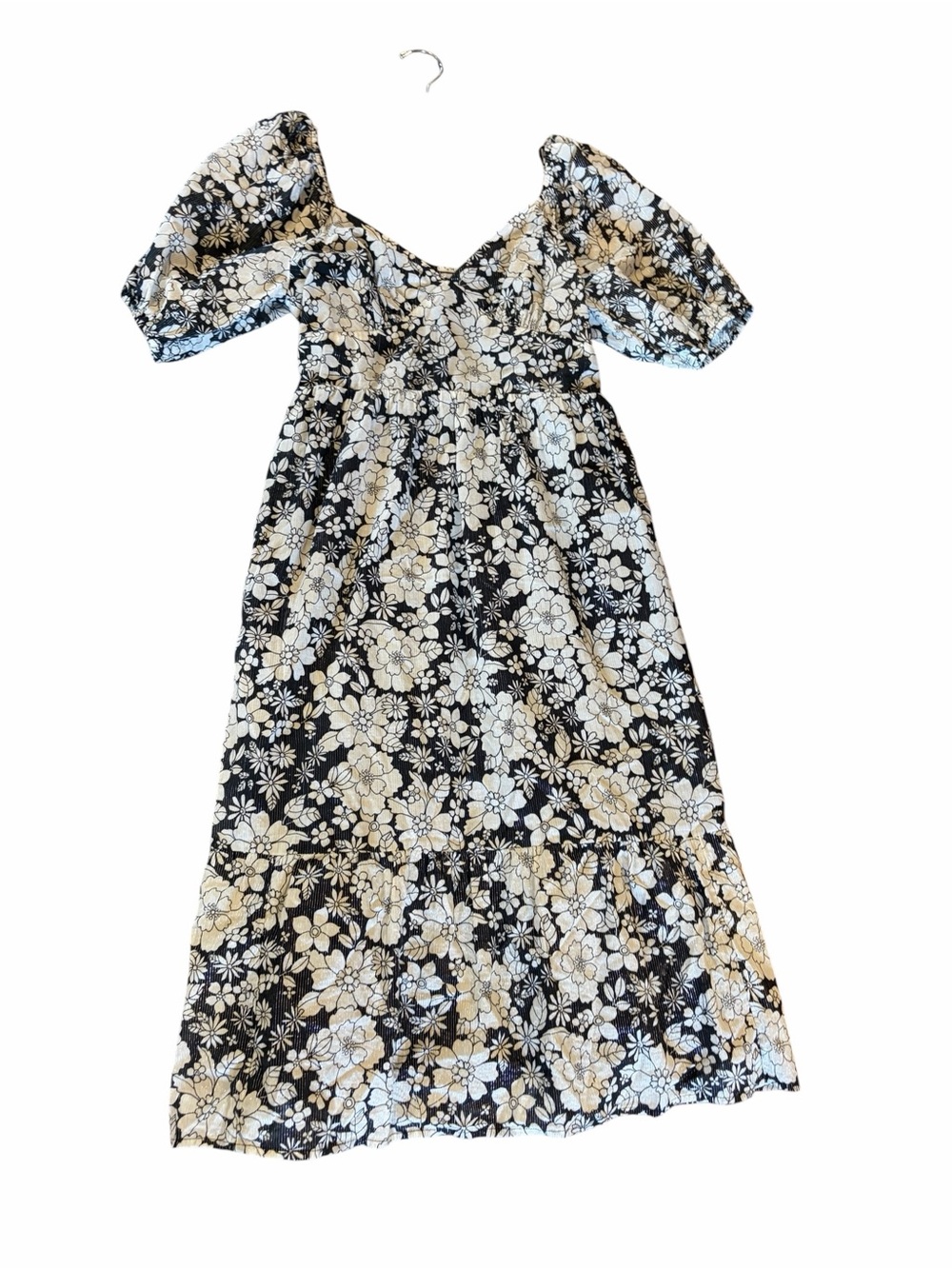 Gap NWOT Puff Short Sleeve Metallic Floral Midi Dress White Black Silver Medium - Picture 3 of 9